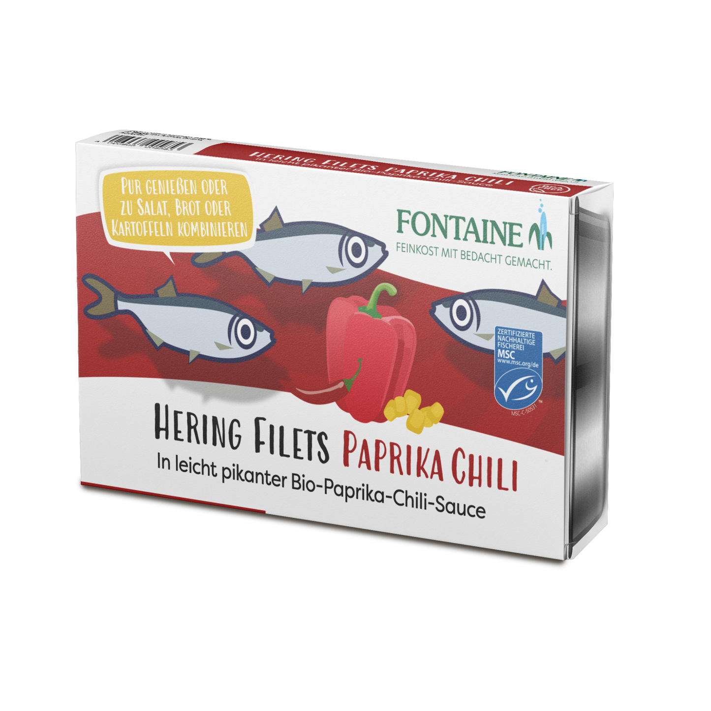 Eine Dose Hering Paprika Chili freigestellt