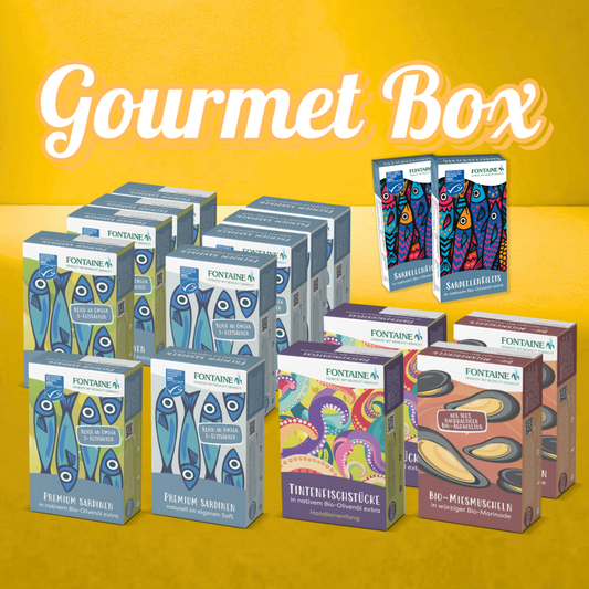 Gourmet Box mit 14 Feinkostdosen: kleine Fischspezialitäten für große Genussmomente