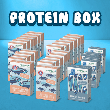 Protein Box mit 25 Feinkost-Dosen: Proteinreiche Klassiker aus nachhaltiger Fischerei