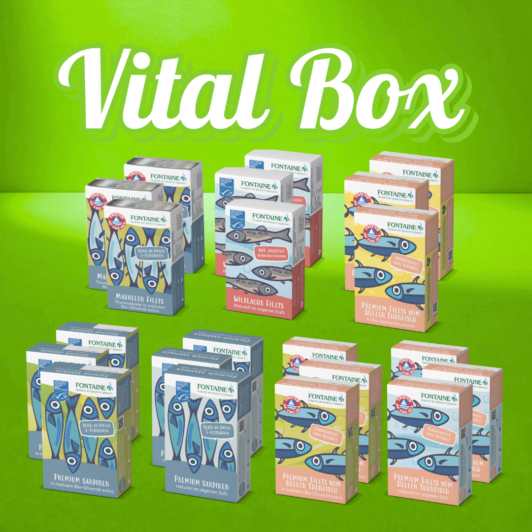 Vital Box mit insgesamt 21 Feinkostdosen: Vielfalt, Qualität und ehrlicher Fischgeschmack